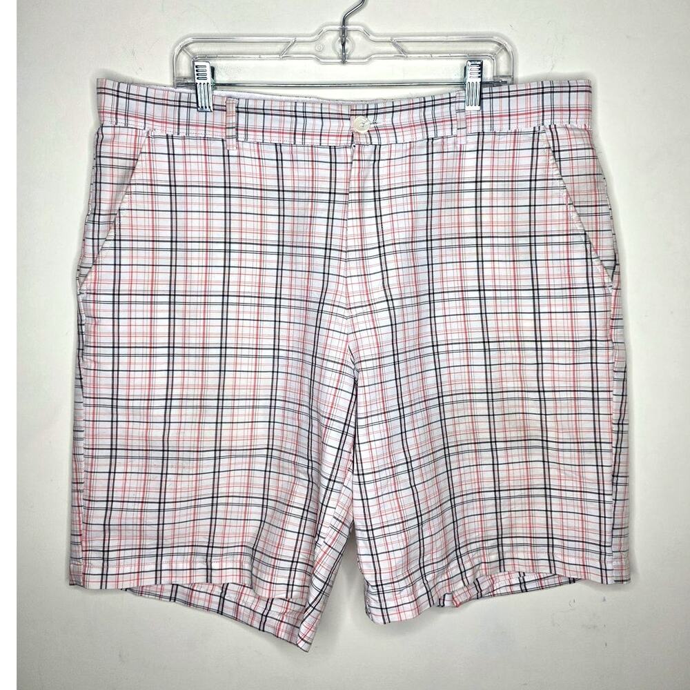Greg Norman white pink grey plaid flat front golf athletic shorts - 38